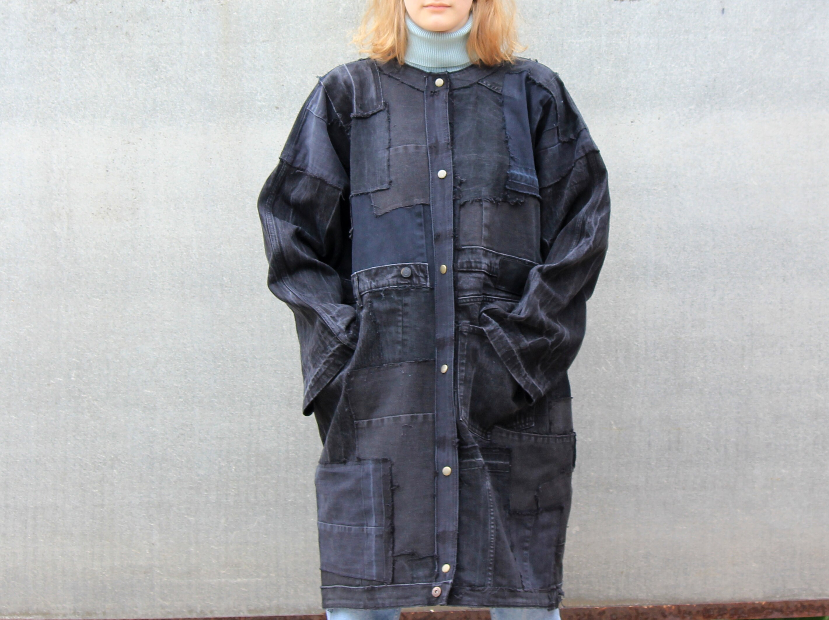 BLACK Patchwork Ripped Denim Coat, Oversize Black Robe, Unisex ...