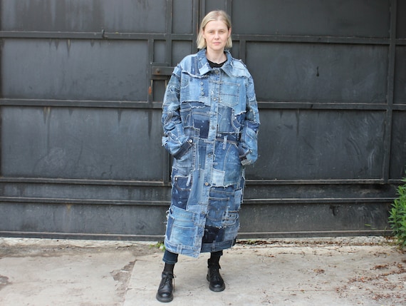 Long Patchwork Jeans Coat Designer Art Denim Unisex Jacket - Etsy