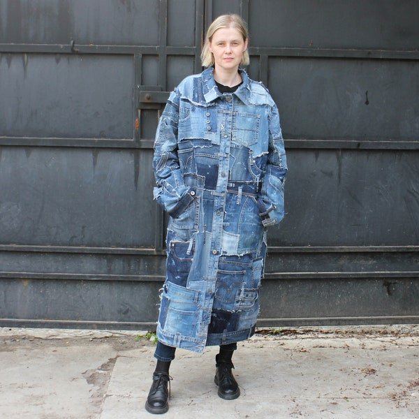 Long patchwork jeans coat, Designer art denim unisex jacket, Rip jeans clothing for man and woman. Size Large