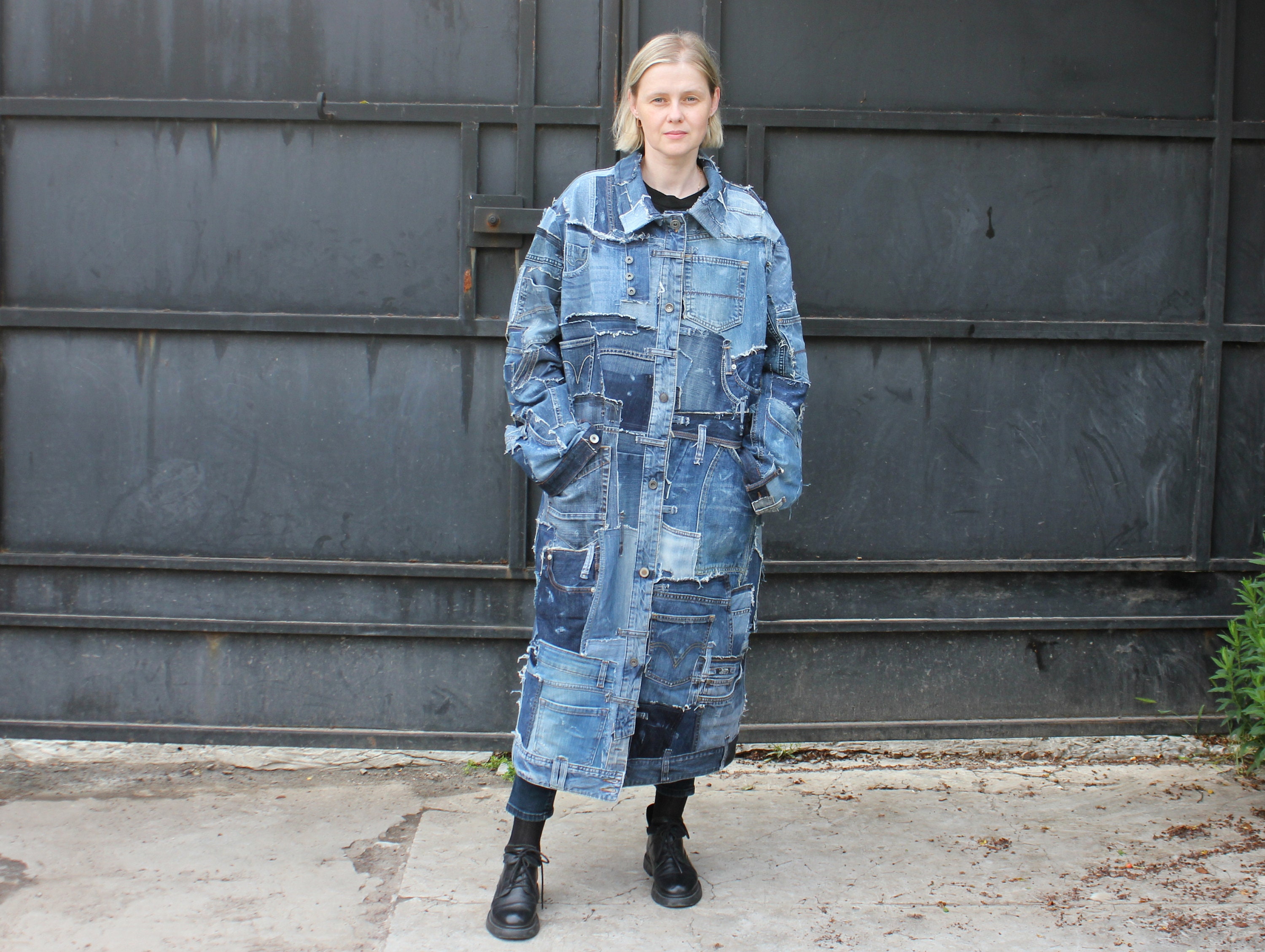 ZinaNatko Long Patchwork Jeans Coat, Designer Art Denim Unisex Jacket, Rip Jeans Clothing for Man and Woman. Size Large