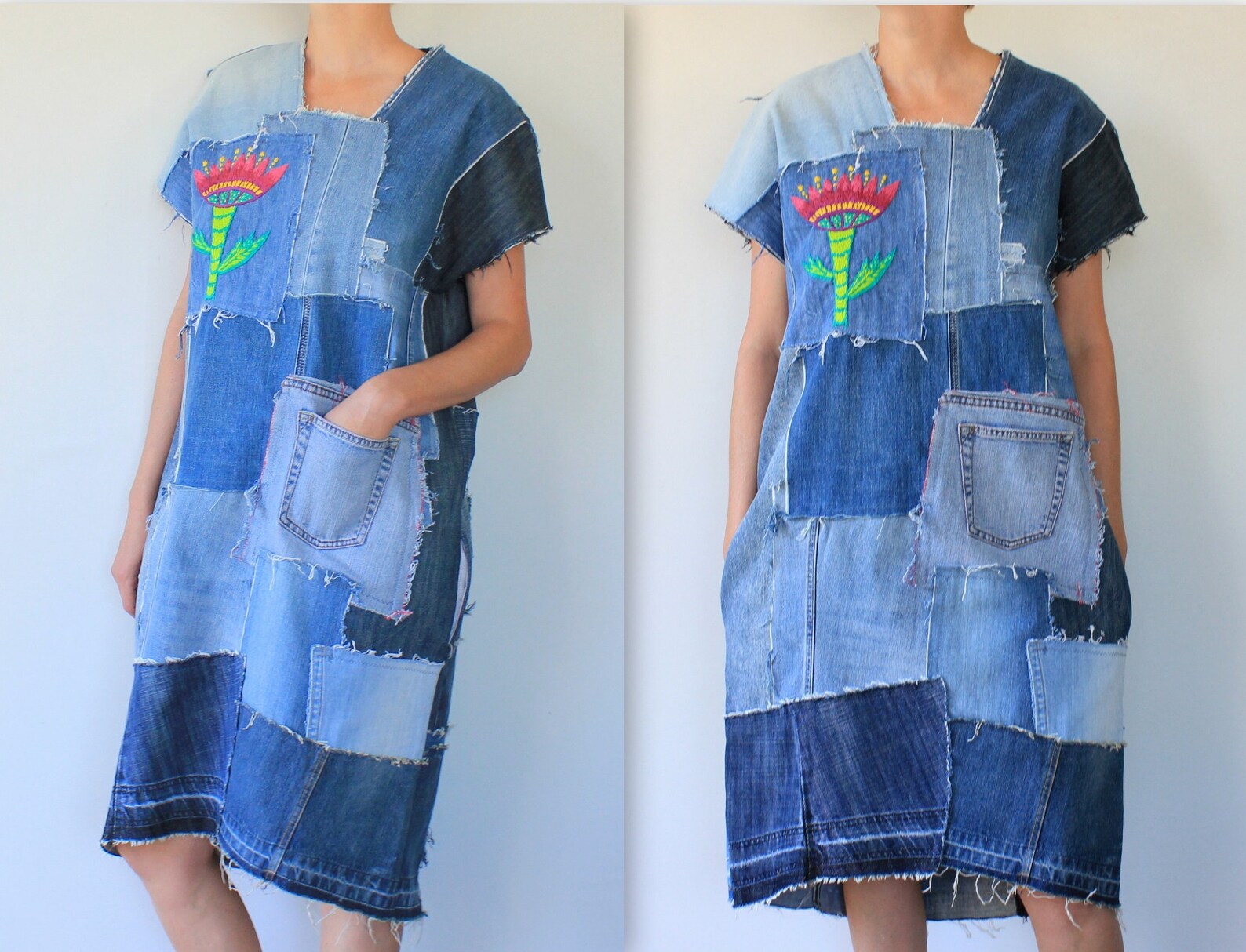 Robe longue en patchwork brodé. Robe maxi denim avec broderie Etsy