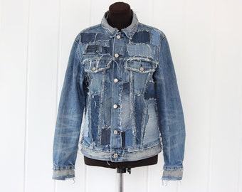 Jaqueta jeans rasgada patchwork, Jaqueta jeans desgastada, Roupas jeans art, Jaqueta jeans criativa para homem e mulher