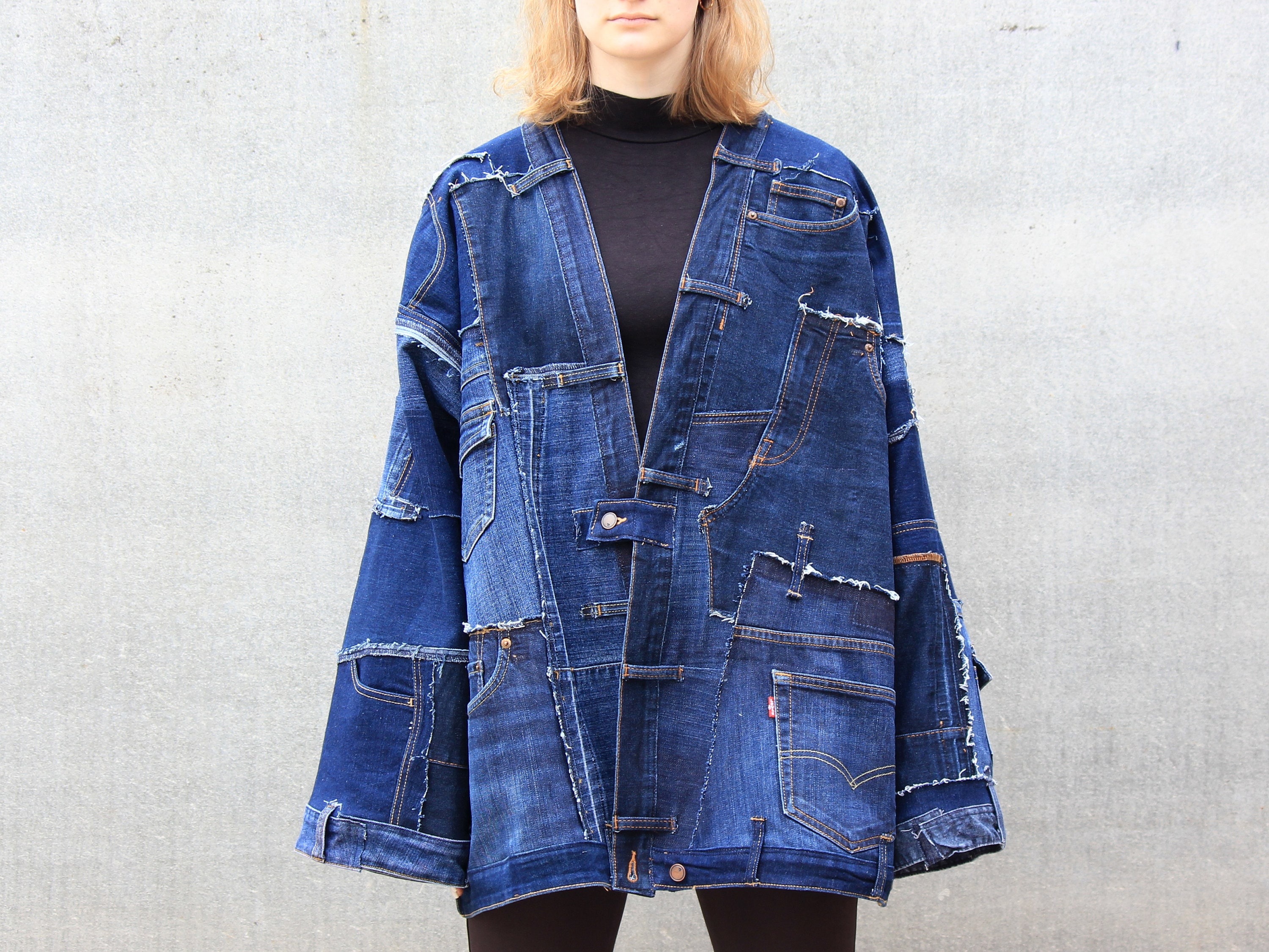 Denim Patchwork Kimono Jacket | Unisex Grunge Streetwear Coat