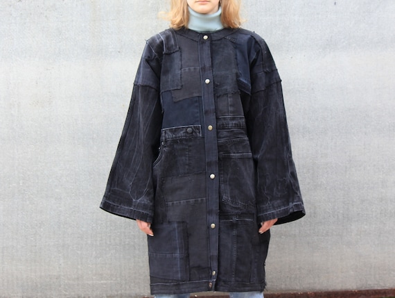 BLACK patchwork ripped denim coat, Oversize black robe, Unisex distressed black mantle