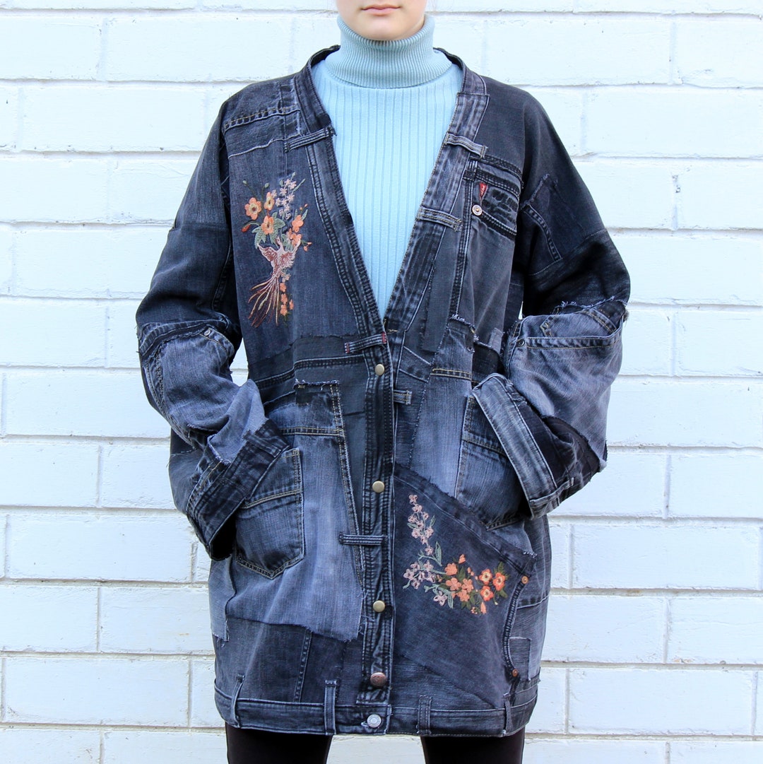 Black Patchwork Denim Jacket, Reworked Jeans Kimono, Embroidered