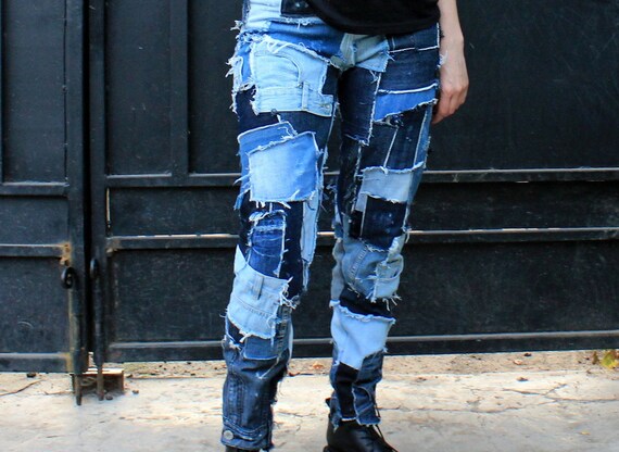 Patchwork gescheurd jeans Gepatchte MOM hoge taille jeans | Etsy