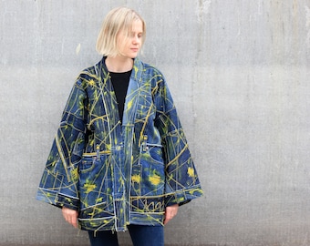 Patchwork denim kimono, Painted and stitched jeans jacket, Recycled clothing, Sustainability fashion