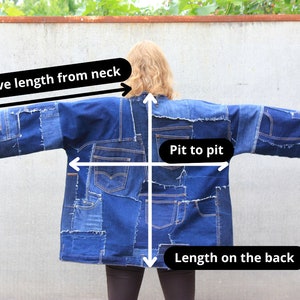May include: A blue denim jacket made from patchwork denim with frayed edges. The jacket has a relaxed fit and is shown with measurements for sleeve length from neck, pit to pit, and length on the back.