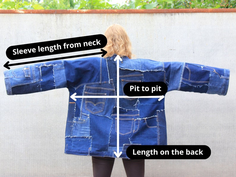 May include: A blue denim jacket made from patchwork denim with frayed edges. The jacket has a relaxed fit and is shown with measurements for sleeve length from neck, pit to pit, and length on the back.