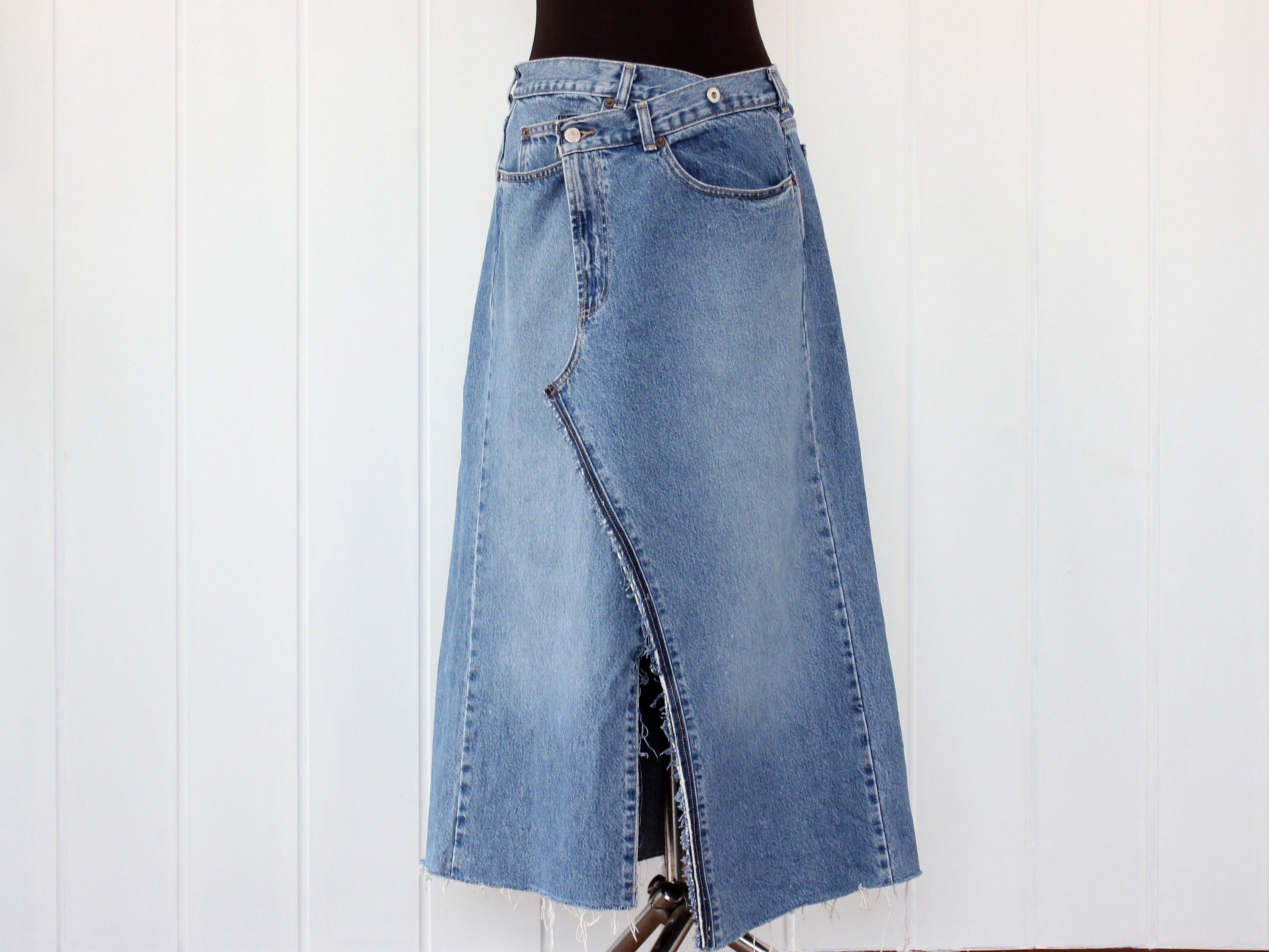 Assymetric Wrap Maxi Denim Skirt With Front Slit, Long Assymetric Wrap Maxi Denim Skirt With Front Slit, Long