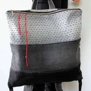 Art designer minimalist denim backpack, Jeans rucksack with sashiko stitching,  Unisex grunge boro backpack