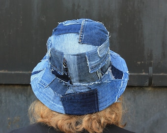 Upcycled Patchwork Denim Bucket Hat – 90s Vintage Grunge Cap  display picture 1