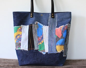 Sac en jean color block, sac à main en jean de créateur, fourre-tout en jean fabriqué à la main, sac de créateur pour femme