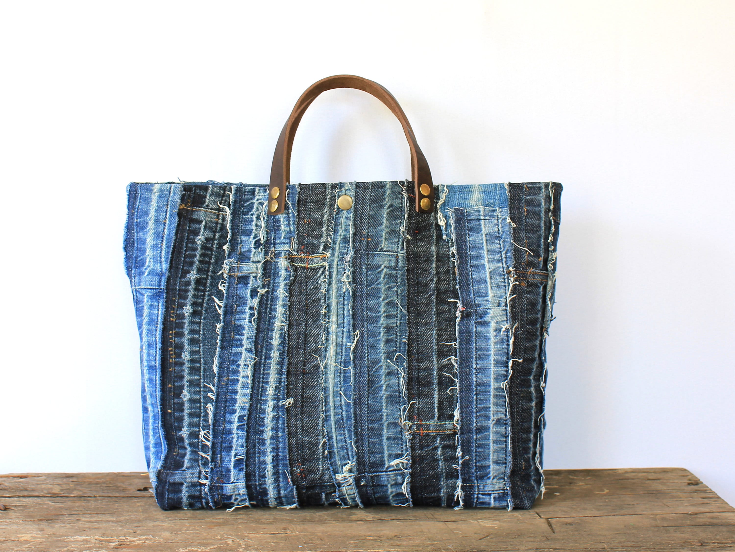 Patchwork Denim Bag Ripped Boro Denim Handbag Designer Denim Tote Distressed Jeans Bag Etsy