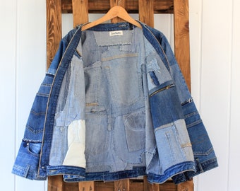CUSTOM Denim Jacket, Patchwork Jeans Kimono, Ripped Jeans