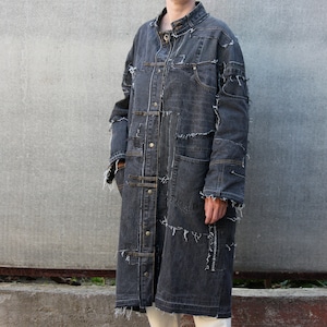 Ripped grey denim coat, Oversize jeans robe, Unisex distressed cotton clothing, Ragged edge coat, Grey denim cloak