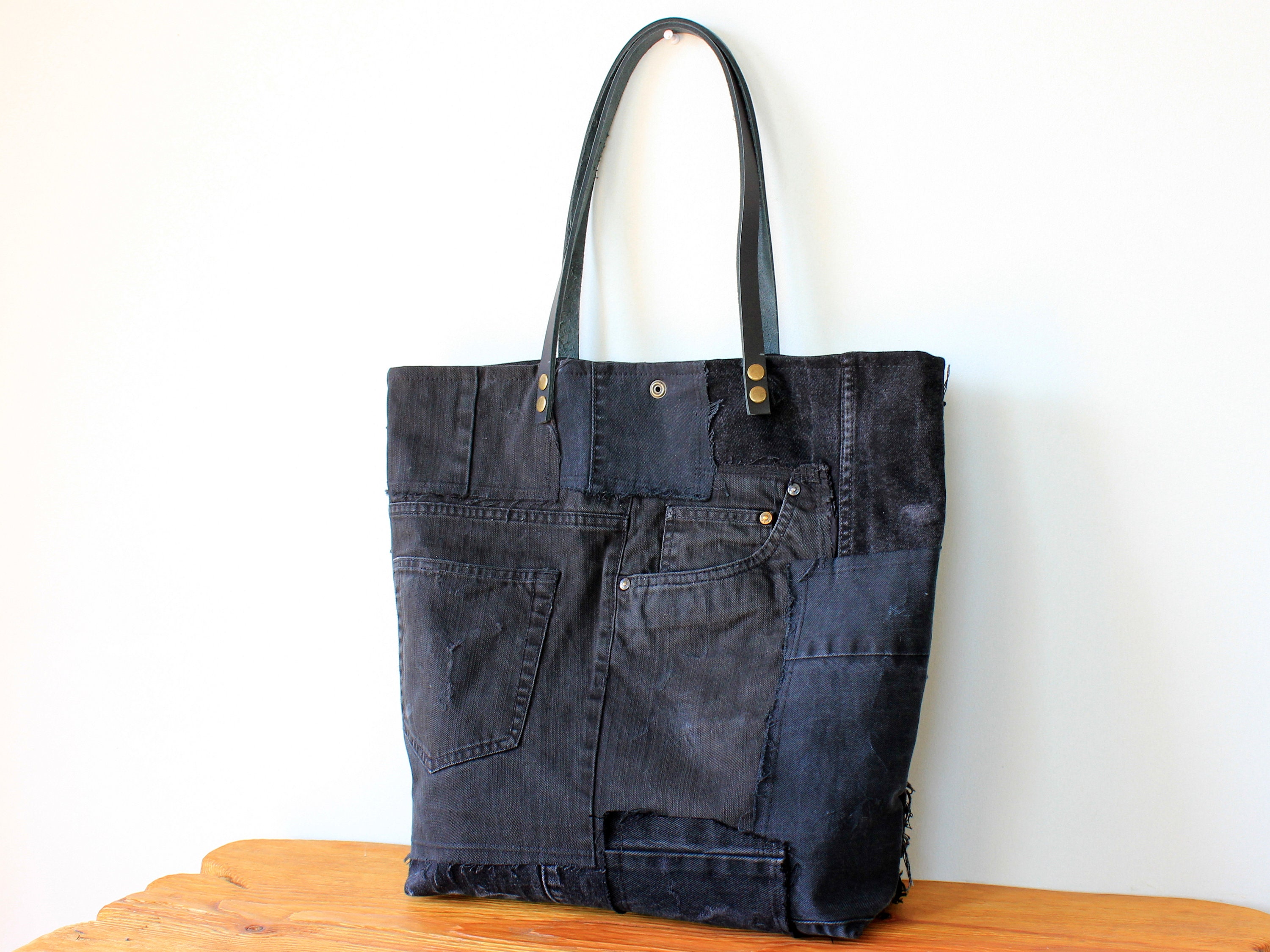 Black ripped shoulder tote bag . Large patchwork denim handbag | Etsy