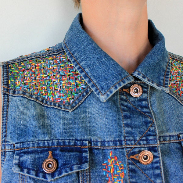 Rainbow embroidery jeans vest, Embellished denim vest, Boho Gypsy style woman, Size L - EU 44  - UK 16