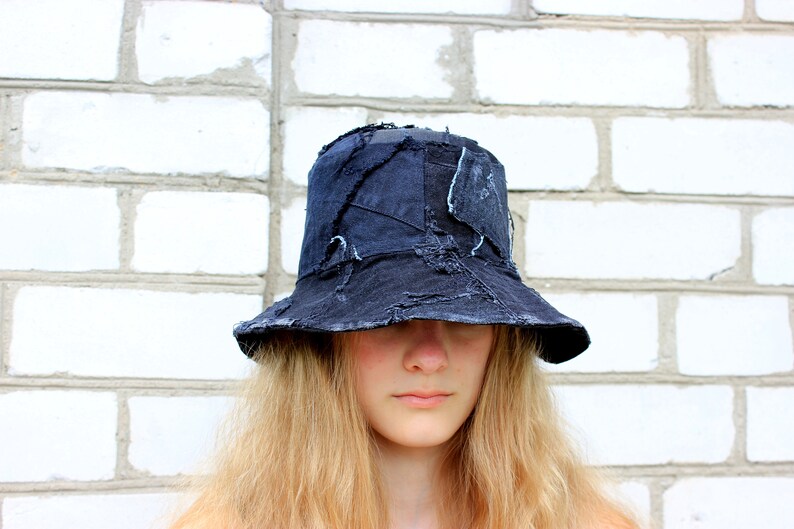 CUSTOM Ripped jeans bucket hat. Patchwork denim hat. Etsy