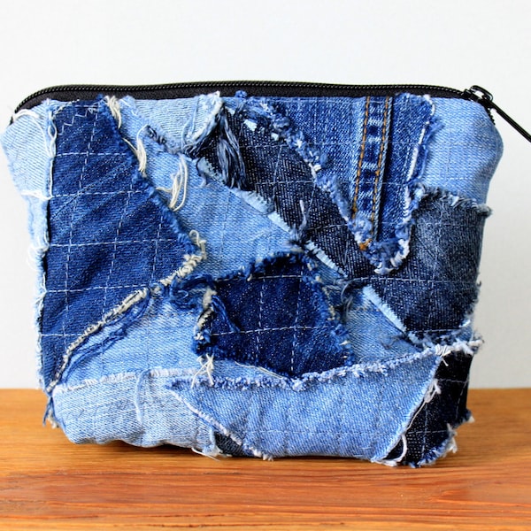 Boro patchwork denim cosmetic bag, Boro patch zip purse, Designer small bag