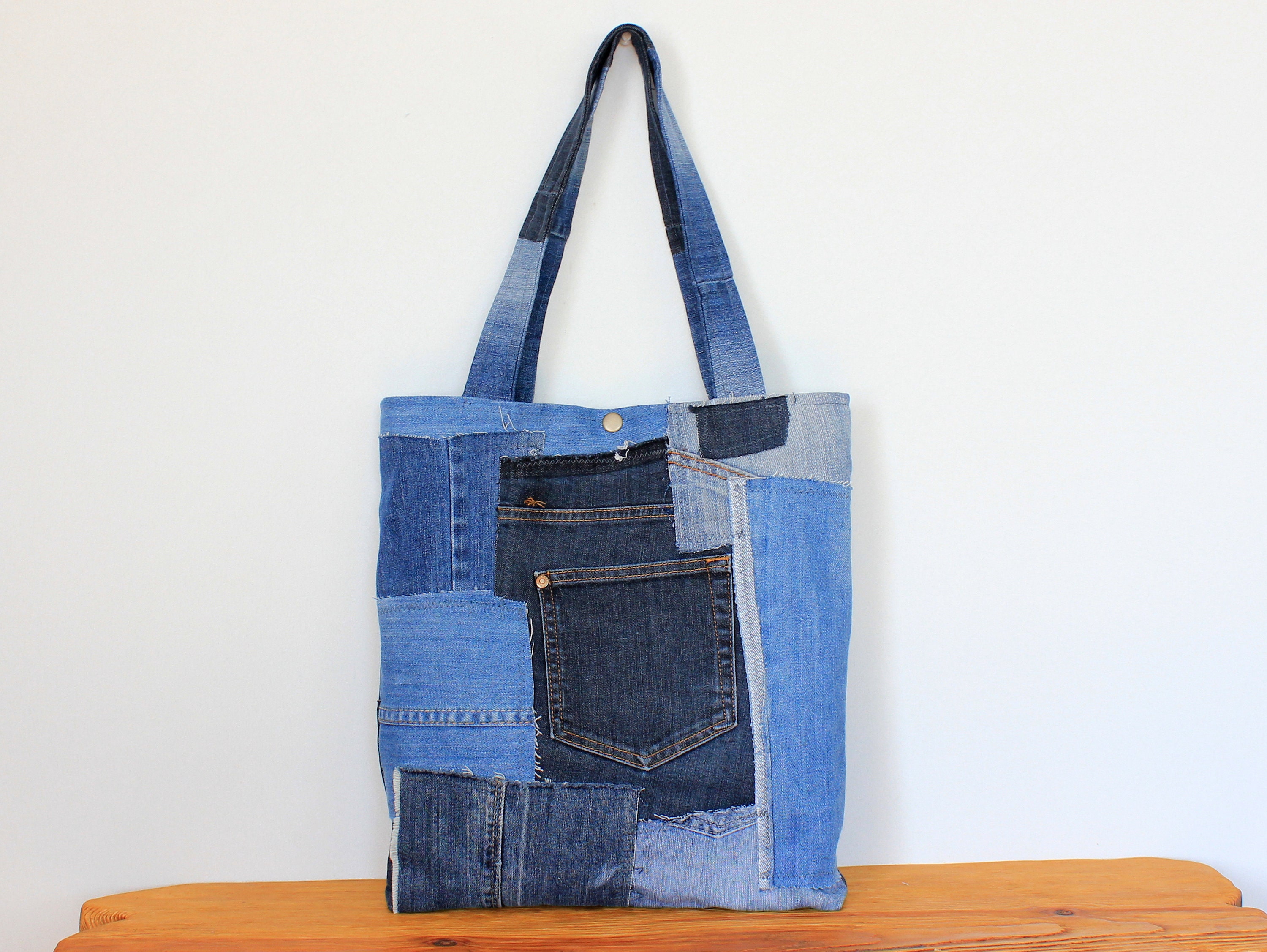 Patchwork denim tote bag . Every day handbag . Shoulder jeans | Etsy