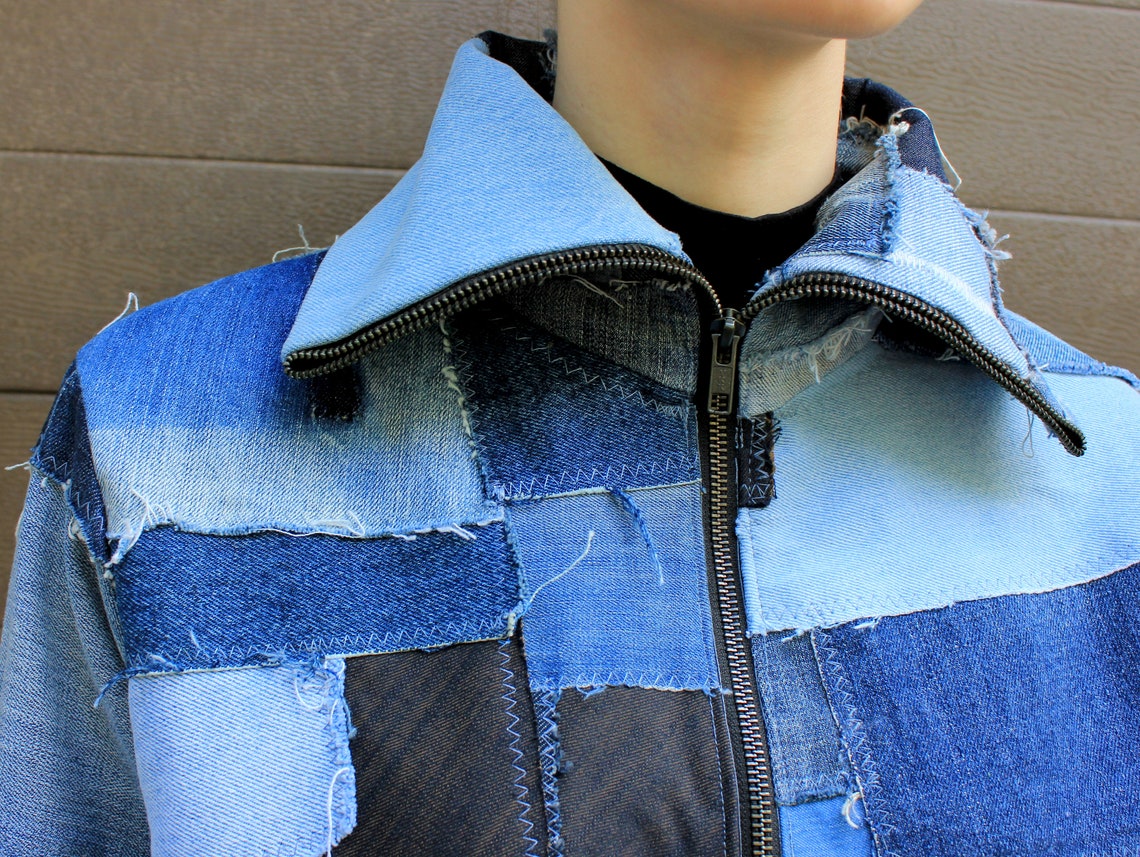 Cropped rip jeans jacket Short patchwork denim bomber Etsy