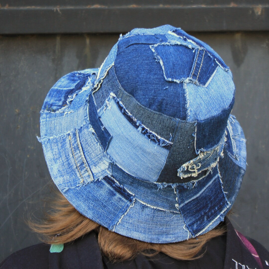 Ripped Jeans Bucket Hat 22.5 57 Cm Patchwork Denim Etsy
