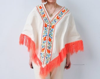 Vintage 60s Cream and Orange hued Embroidery Fringed Poncho Cape and Pants 2 PC Set Hippie Boho Ethnic Pantsuit Bohemian