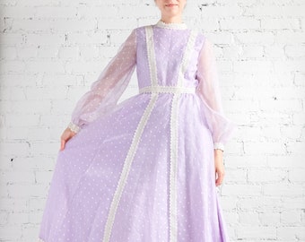 Vintage 1960s 1970s Union made lilac polka dot prairie maxi dress