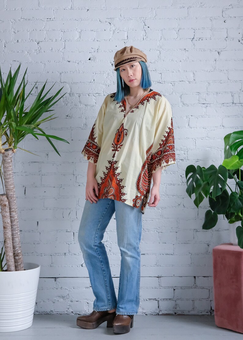 Vintage 70s cotton Bou Boudina Dashiki in cream and brown