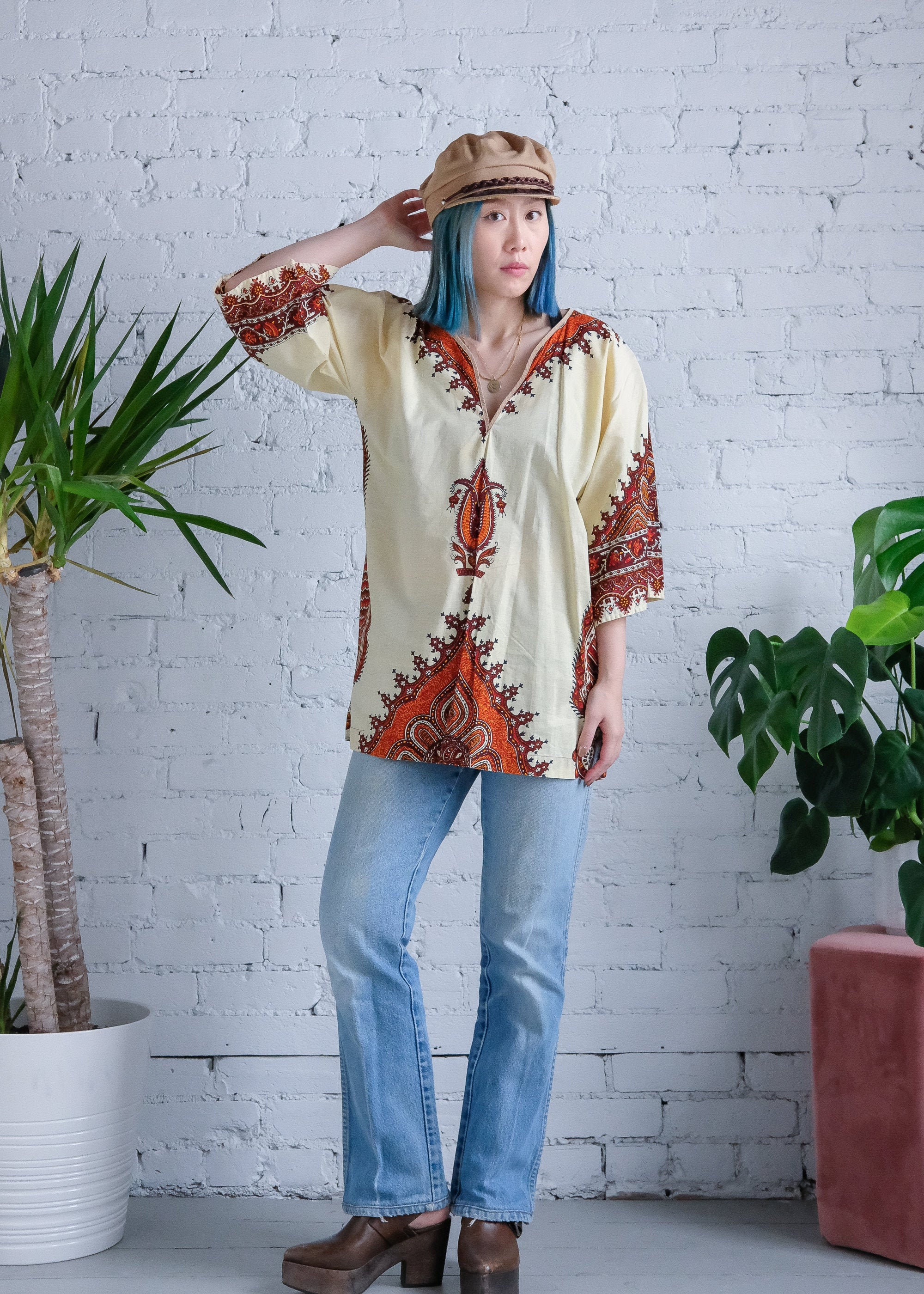 Vintage 70s cotton Bou Boudina Dashiki in cream and brown