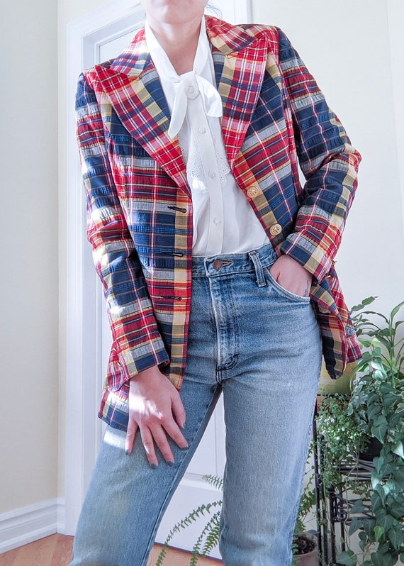 Vintage 1970s union made plaid blazer gold buttons