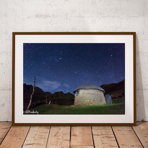 Lesotho Night Sky Print: Traditional African Rondavel Hut Photography