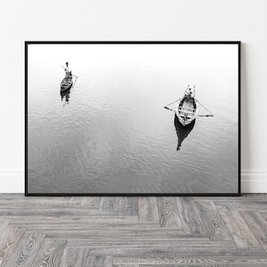 Black & White Photography: Tranquil Ayeyarwady River Scene with Boats - Mandalay, Myanmar Wall Art | Burma Photography | River Photography