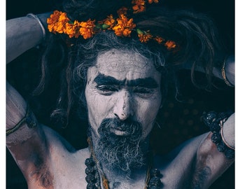 India Photography, Kumbh Mella Faces, Indian Festival, Portrait of Naga Sadhu. Indian Babas, Holy Man, Indian Photos, Vertical Wall Art