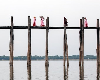 Burmese women walking across U Bein Bridge, Amarapura, Myanmar Photography, Burma Fine Art Photography, Thai Art, Large Wall Art
