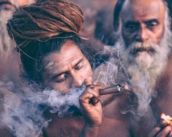 Naga Sadhus Ritual of Smoking, Varanasi, India. Smoking Ceremony. Street Photography, Men Smoking , Indian Wall Art Print. Smoke photos.