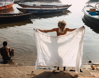 Street Photo: Hindu Man After Bathing by Ganges. Fine Art Print of Varanasi, India - Humorous Shadow Play