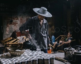 Street Photograph of Sichuan, China Culture: Daily Life in a Chengdu Tea House Man Pouring Tea (Fine Art Photography)