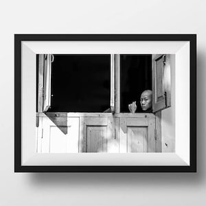Black and White Monk Photograph: Mandalay, Myanmar Wall Art