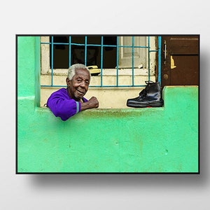 Old Havana Charm: Smiling Shoe Repairman  on Emerald Wall | Cuban Wall Art | Cobbler Photo | Cuba Print Art | Nostalgia Photography