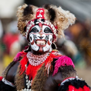 African Photography: Traditional Senegalese Dancer with Tribal Makeup and Blade in Mouth, African Face Painting, Fine Wall Art image 1