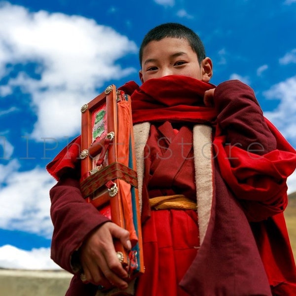 Young Tibetan Buddhist Monk, Buddhism, Monk Photography, China Photography, Tibetan Wall Art, Monk Poster, Tibetan Photos, Red Robe