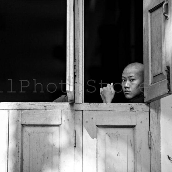 Black and White, Buddhist Monk by Window, Mandalay, Myanmar Photography, Buddhism, Monk Photography, Fine Art Photography, Myanmar Wall Art