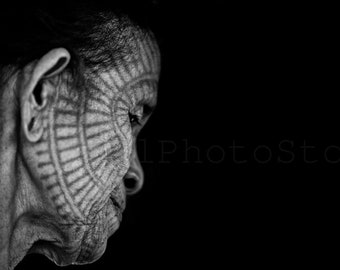 Woman with Facial Tattoos, Tattooed Face, Tattooed Woman Poster, Woman Portrait, Myanmar Photography, Tatoo Art Print, Burma Wall Art Decor