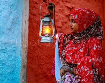 Ethiopian Wall Art, Girl with Lantern. Ethiopia, Harar, Ethiopian Photography, Fine Art Photography Print, African Wall Art, Red blue Poster