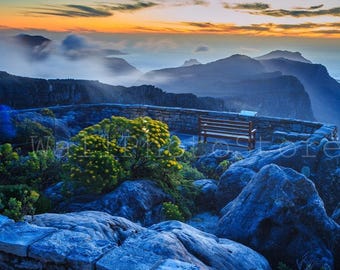 Sunset on Table Mountain, Cape Town, South Africa Art, Table Mountain Poster, Mountain Photography, Blue Landscape Photo, Large Wall Art,