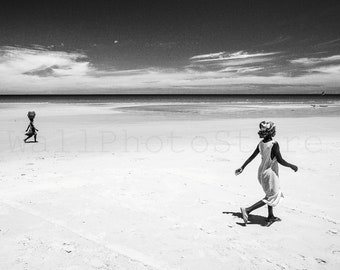 Black and White Beach Photography, African Woman on Beach, Ocean Beach, Beach Wall Art Print, Large Wall Art, Ocean Photography, Beach Decor