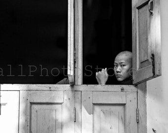 Black and White, Buddhist Monk by Window, Mandalay, Myanmar Photography, Buddhism, Monk Photography, Fine Art Photography, Myanmar Wall Art