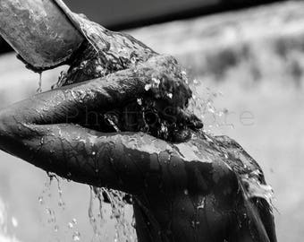 Morning Shower. Black and White Myanmar Photography Prints, Black and White Wall Art, Clear Water, Burma Fine Art Photography Print